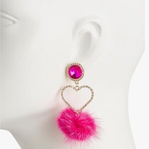 NEW Valentine’s Day Betsey Johnson Crystal Pink Pom Heart Mismatched Earrings